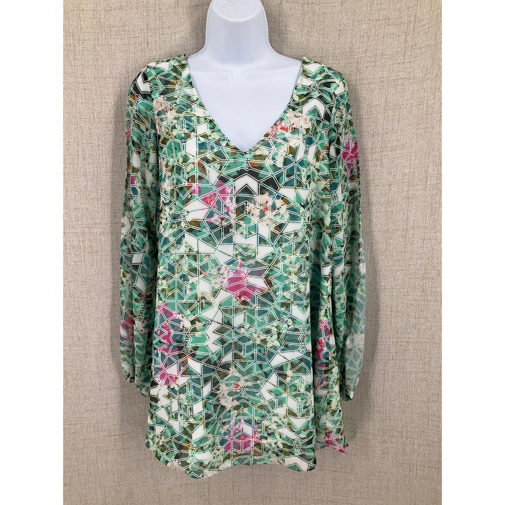 Lovers + Friends Mini Dress‎ Women S Green Geometric Floral Boho V-Neck Chiffon